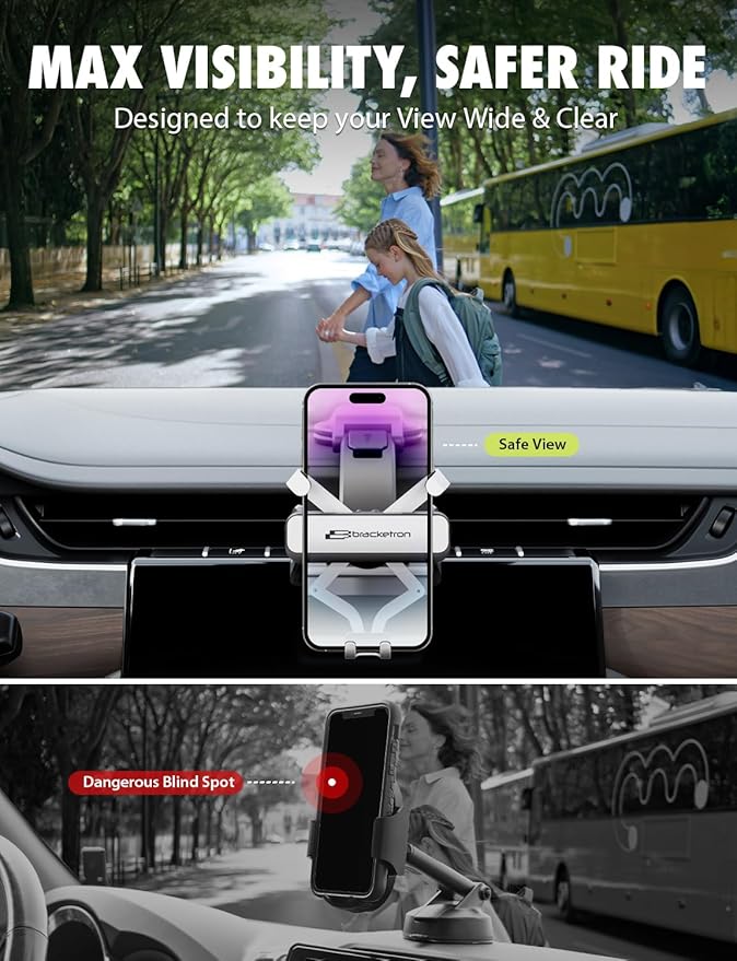 Bracketron AutoGrip Low-Profile Dash Mount- Phone Mount for Car with TemperBond Suction, One-Handed Operation Universal Cell Phone Holder Car Dashboard, Clear View Design