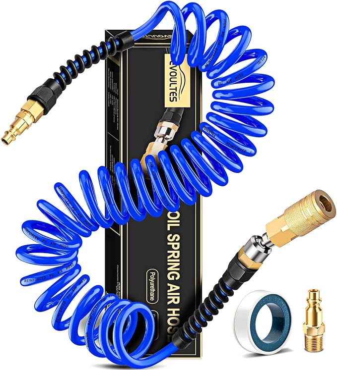 1/4 In x 28 Ft Polyurethane Recoil Air Compressor Hose, Upgraded Air Hose with Repairable Bend Restrictor, Air Hose kit w/ 360° Swivel 1/4" NPT Coupler & Brass Quick Connect Air Fittings