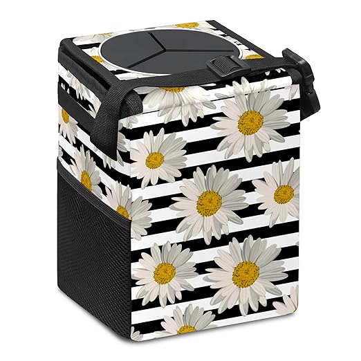 White Black Striped Daisy Car Trash Can with Lid Collapsible Reusable Waterproof Car Garage Bag,Automotive Garbage Can,Car Accessories Interior Car Organizer