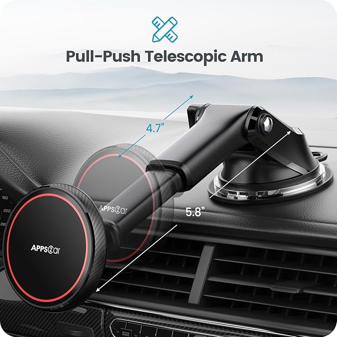 APPS2Car for MagSafe Car Mount, Dashboard & Windshield Suction Cup Holder with Telescopic Arm, Magnetic Phone Holder for Your Car, Designed for iPhone MagSafe Case