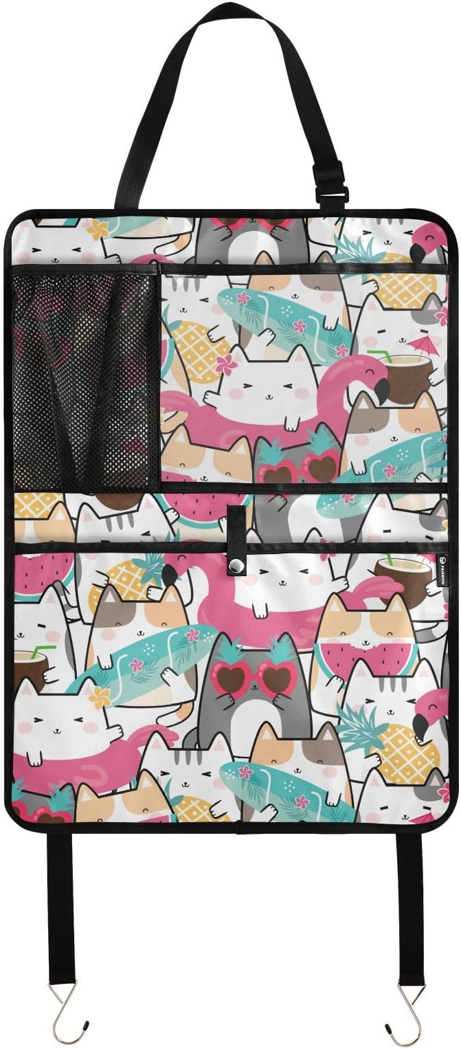 2 Pack Backseat Car Organizer with Storage Pockets Seat Back Organizers for Kids Kick Mats Backseat Protector Automotive Funny Cats Summer