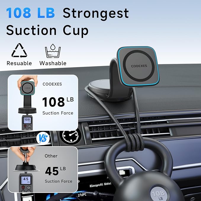 for MagSafe Car Mount Charger with 15W Fast Wireless Charging, Magnetic Car Phone Holder 【Windshield+Vent+Dash】 with Bendable Memory Alloy Arm, 108LB Suction Phone Mount for iPhone 17 Pro Max