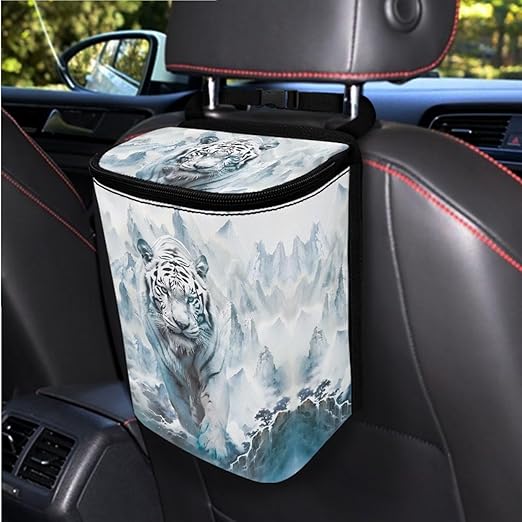 1.2 Gallons Car Trash Can for Women, White Tiger Auto Trash Can for Car, Adjustable Hanging for Tail of Console/Back of Seat, Odor-Free with Zipper Leak-Proof Lid Design, Small and Convenient