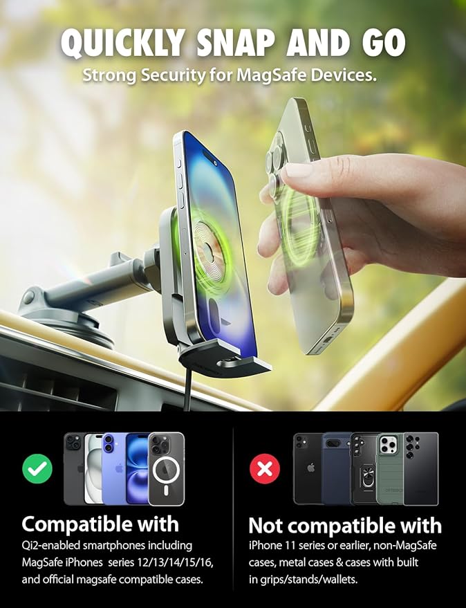 Bracketron MagAlign Extend 15W Magsafe Car Mount Charger, Magnetic Car Phone Holder Charger Wireless Car Charger for iPhone 17 Pro Max 16 15 14 13,Vent/Windshield/Dash Phone Mount Holder Fast Charger