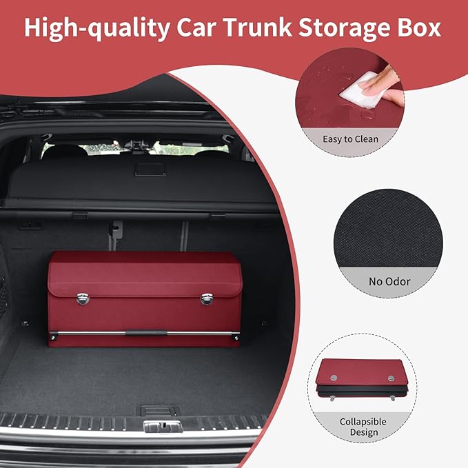 Car Trunk Organizer, Trunk Organizer for SUV with Push-pull Handle and Lid Car Leather Trunk Storage Box (Claret, 27.17 x 11.42 x 12.2in)