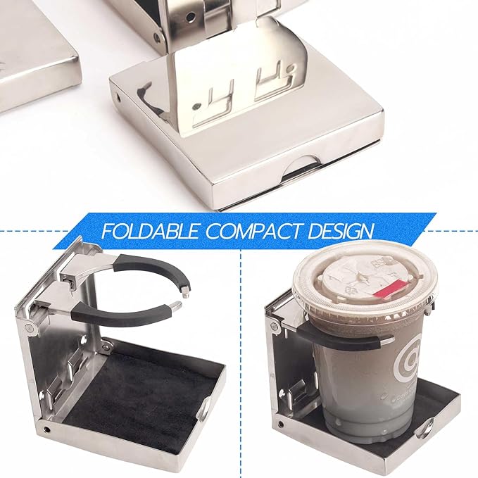 1-Pack Adjustable Stainless Steel Boat Cup Holder | Marine-Grade Foldable Drink Holder with Silicone Grip | Fits 2.625"-3.5" Cups, for Boat, RV, Car & Yacht