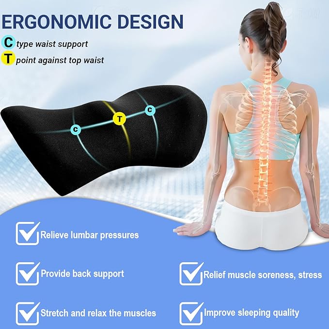 Lumbar Pillow with Adjustable Strap, Memory Foam Lumbar Support Pillow for Office Chair and Car Seat, Back Pillow for Lower Back, Back Support Pillow for Sitting, Driving, Traveling