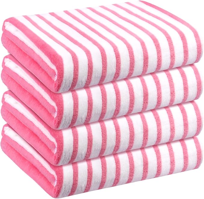 JML Beach Towels, Microfiber Bath Towel Set, Cabana Stripe, Large, Absorbent, Quick Dry for Adult, Travel, Summer, Sport, Swimming, Pool, Yoga, Camping, 4 Pack, 30" x 60", Stripe Pink and White