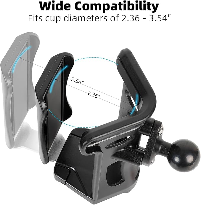 1" Ball Cup Holder with 3.54" Double Socket Arm, Extra Large Adjustable Size Drink Holder for 2.36-3.54" Diameter Bottles, Fits RAM Mounts & Motorcycle/Bike Mount
