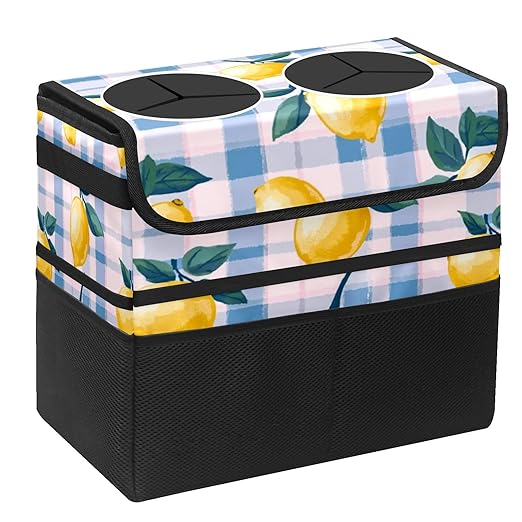 Car Trash Can with Lid, Portable Hanging Automotive Garbage Bin for Vehicles, Leakproof Waste Bag Container for SUV Truck Van Interior Auto Travel Road Trips(Lemons)