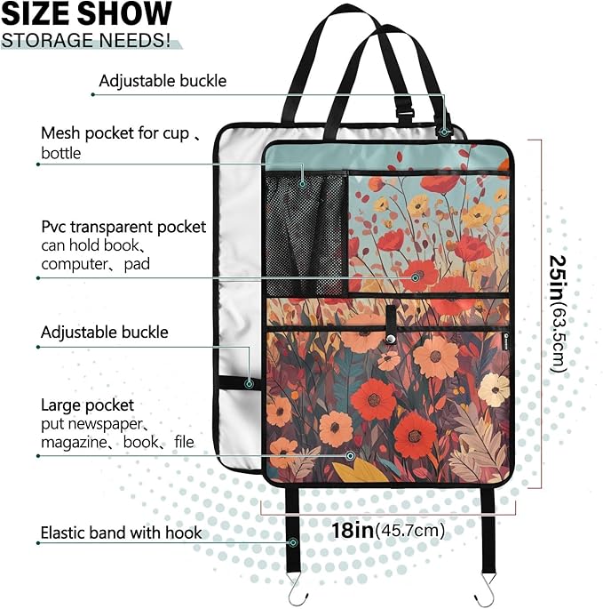 1 Pack Back Seat Car Organizer with Storage Pockets Kick Mats Back Seat Protector Hanging Car Organizer Automotive Seat Back Cover Organizers Autumn Poppy Flowers