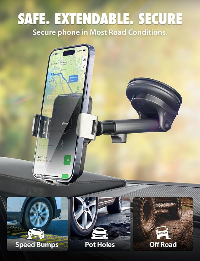 Bracketron PwrUp Auto 15W Qi Fast Wireless Charging Car Mount Dashboard Windshield Air Vent Cell Phone Charger Cellphone Holder