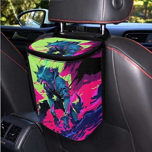 1.2 Gallons Car Can Trash Bag, Werewolf Trash Bags for Cars, Adjustable Hanging for Tail of Console/Back of Seats, with Zipper Leak-Proof Lid Design, Washable, Easy to Clean, Easy to Install