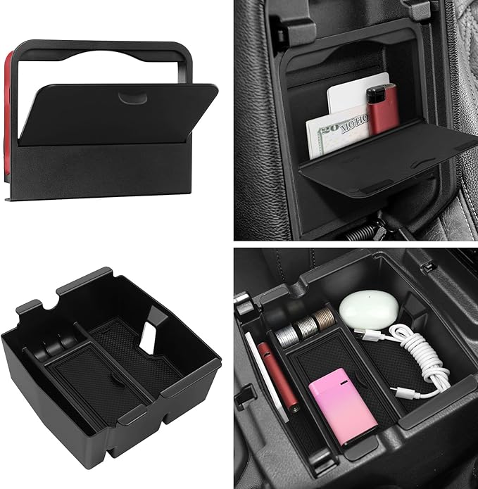 Center Console Storage Organizer Tray for 2018-2025 2026 Jeep Wrangler JL JLU 4XE and 2020-2026 Gladiator JT Accessories Hidden Center Console Box（Organizer Box+Tray）