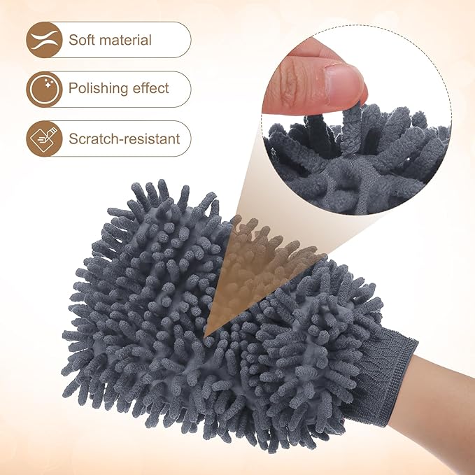 HARFINGTON Chenille Microfiber Car Wash Mitts 9.8" x 7.9" Scratch Free Wash Gloves Absorbent Double Sided Plush Cleaning Drying Mitts for Car Washing Home Gray