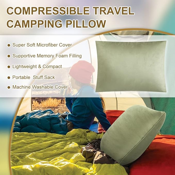 Ivellow Memory Foam Travel Pillow Compressible Camping Pillow for Sleeping Shredded Memory Foam Pillow Compact Firm Supportive Travel Pillow for Adults Kids Outdoor Hiking Essential Gear Green-S