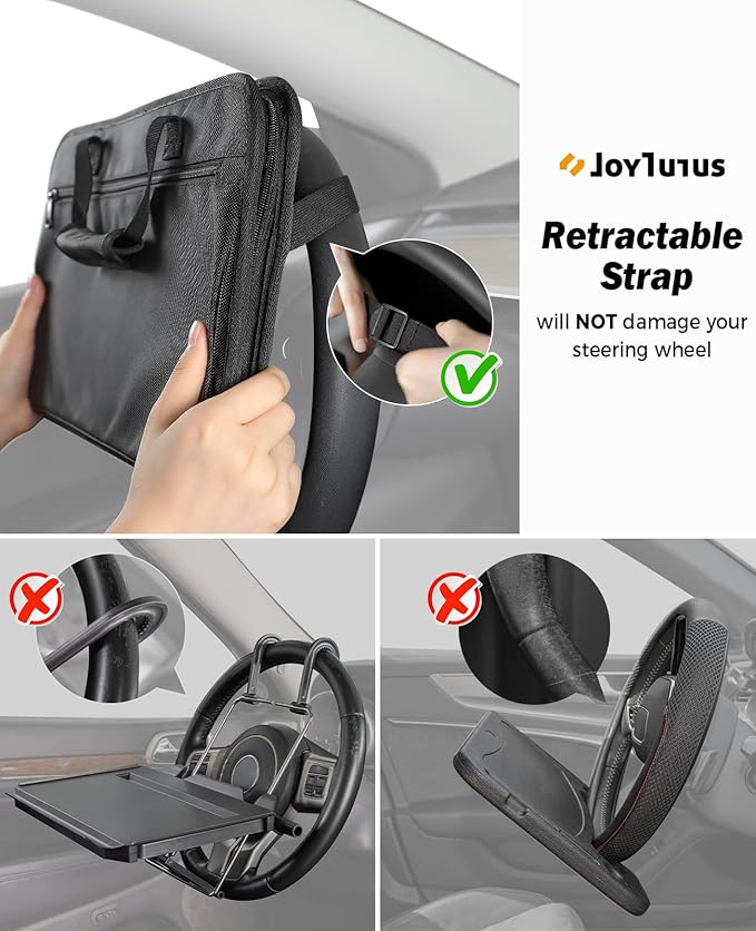 JOYTUTUS Steering Wheel Tray, Back Seat Headrest Tray for Eating Food and Drink, Work Table for Writing and Steering Wheel Laptop Desk, Car Organizer for Commuters, Travel, Family (16.1'' x 10'')