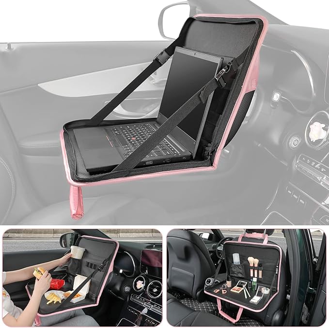 JOYTUTUS 3 in 1 Steering Wheel Eating Tray (Pink), Car Back Seat Laptop Desk, Multifunctional Office Bag Car Work Table for Writing, Car Organizer for Kids, Commuters, Family
