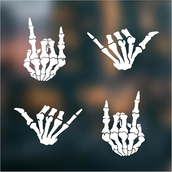 (4PCs) Skeleton Hand Decal Set White Vinyl Stickers Waterproof Durable Easy to Apply Rock On Hang Loose Skeleton Hand Car Truck Bumper Laptop Window Decoration 3 Inches (White)