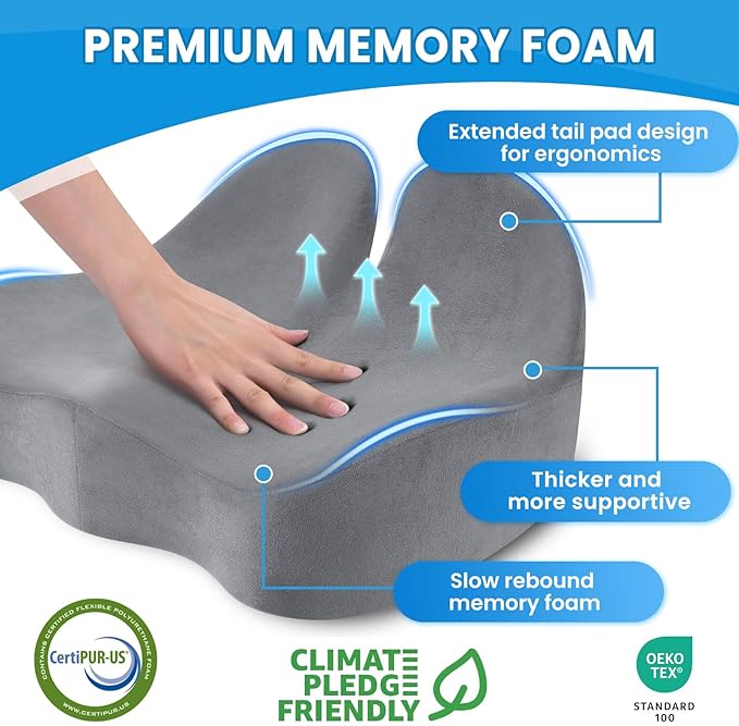 Seat Cushion, Memory Foam Office Chair Seat Cushion for Office Chairs/Car/Long Trip/Desk Chair/Gaming, Large Size for Sciatica & Hip & Tailbone Pain Relief, Sciatica Support (Light Gray)