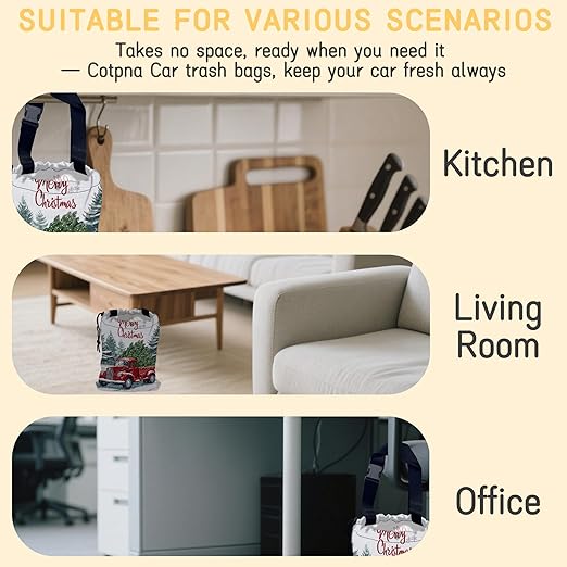 Vintage Red Truck Car Trash Bag,Green Fir Tree Hanging Drawstring Car Garbage Bag,Canvas Car Back Seat Organizer with Adjustable Buckle for Men and Women