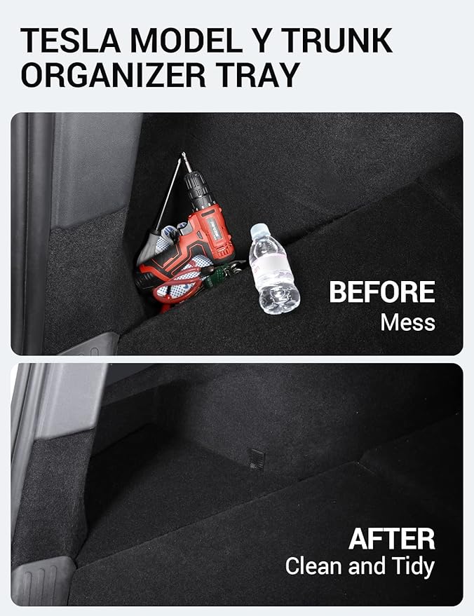 BASENOR 2020 2021 Tesla Model Y Trunk Organizer, (Proprietary Design) Waterproof Rear Trunk Storage Bins Side Box with Carpeted Lip Interior Accessories Set of 2 for 5-Seater