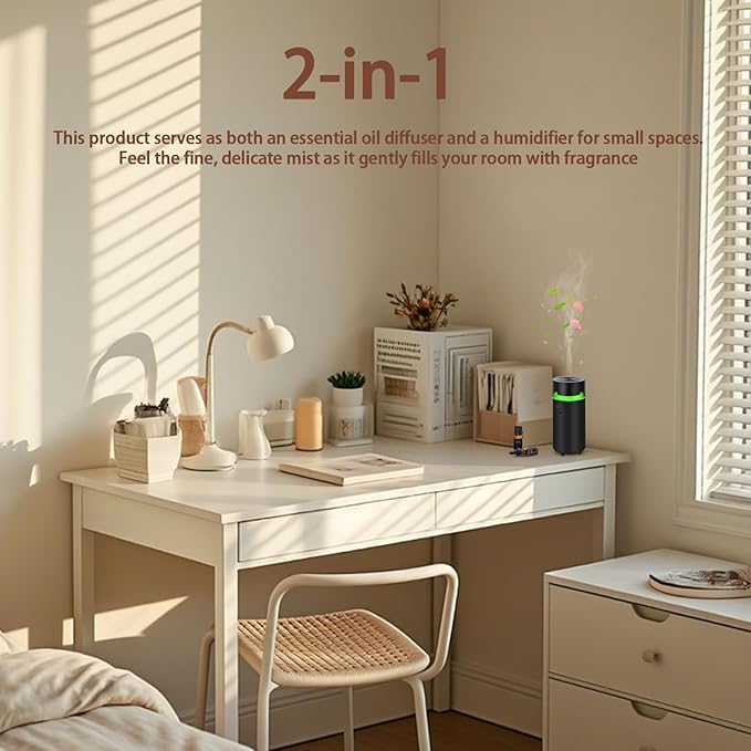 Essential Oil Smart Car Diffuser, 3000 mAH Rechargeable Battery, Cool Mist Aromatherapy Air Freshener Diffuser, Auto On/Off, 4/8 Hour Timing Mode, for Bedroom, Office, Travel (Black)