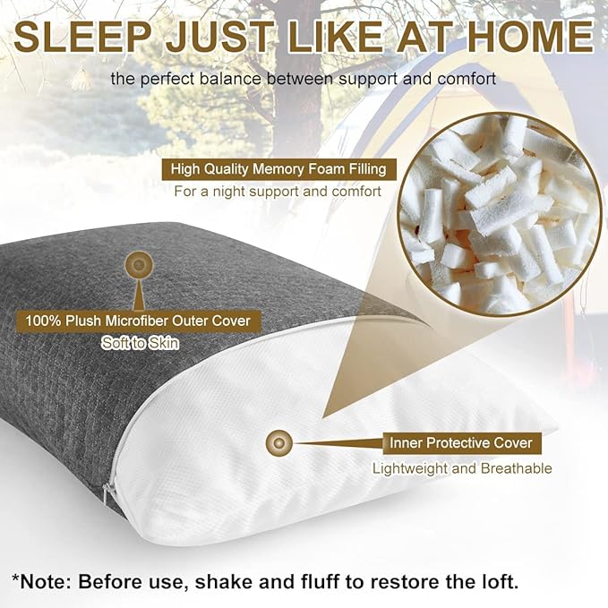 Ivellow Memory Foam Travel Pillow Compressible Camping Pillow for Sleeping Shredded Memory Foam Pillow Compact Firm Supportive Travel Pillow for Adults Kids Outdoor Backpacking Hiking Essential Gear-S