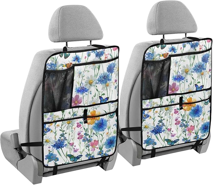 1 Pack Back Seat Car Organizer with Storage Pockets Kick Mats Back Seat Protector Hanging Car Organizer Automotive Seat Back Cover Organizers Watercolor Cornflower Daisy