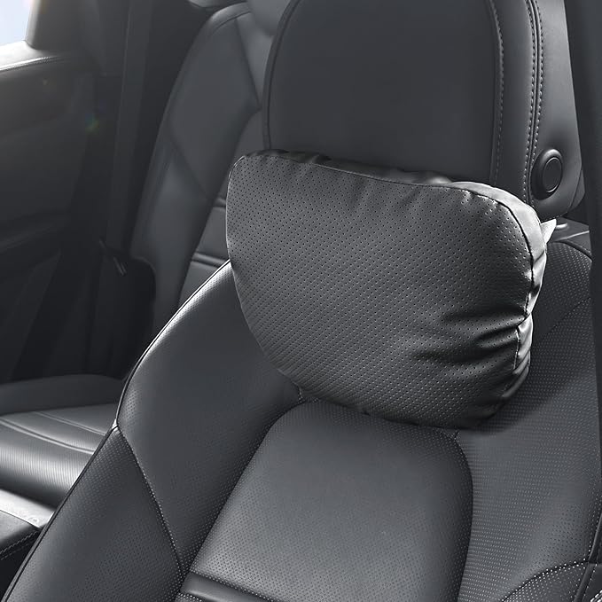 2 Pack Car Neck Pillows, PU Leather Car Headrest Support with Adjustable Strap, Ergonomic Dupont Bio Cotton Head Rest Pillow for Road Trips & Daily Commutes (Black, Soft Style)