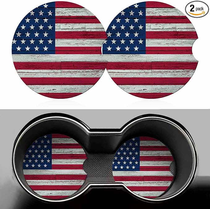 Patriotic Car Coasters for Cup Holders Flag Stars Stripes Graffiti Car Cup Holder Coasters 2 Pack for Car, Anti Slip Ceramic Car Cup Mat with Finger Notch Cute Car Interior Accessories for Women Men