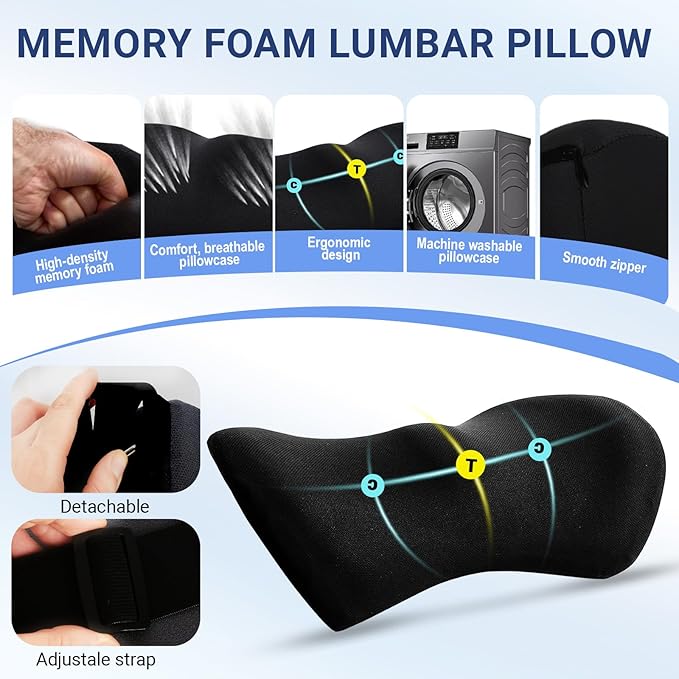 Lumbar Pillow with Adjustable Strap, Memory Foam Lumbar Support Pillow for Office Chair and Car Seat, Back Pillow for Lower Back, Back Support Pillow for Sitting, Driving, Traveling