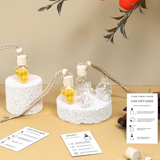 100 Sets Car Diffuser Bottles Empty Bulk Hanging Car Air Freshener Diffuser Bottles Glass Perfume Holder with Instruction Cards for Essential Oil Valentines Birthday Gifts (Skull)
