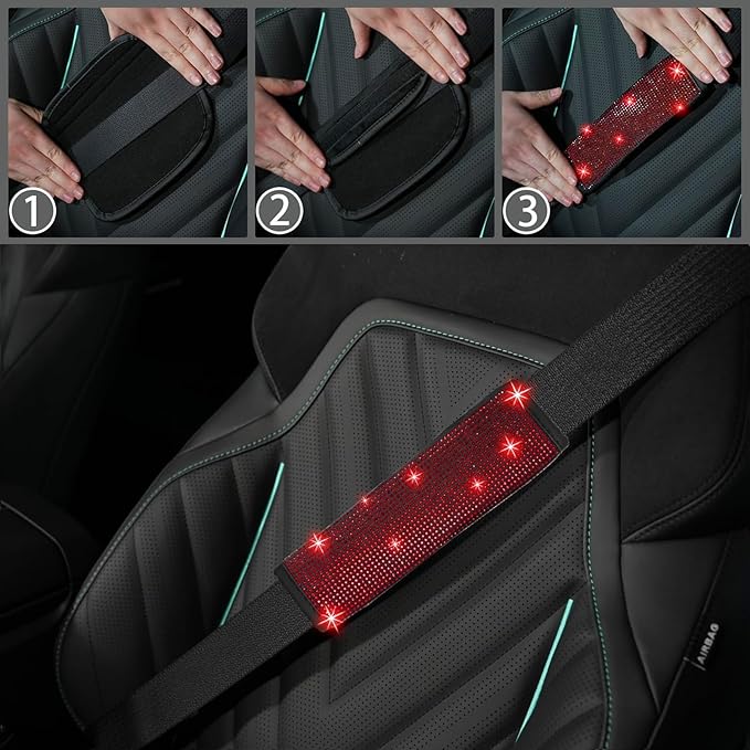 NBTEPEM 30 Pcs Red Bling Car Accessories Set for Women, Red Steering Wheel Cover Set, Bling Console Cover, Seat Belt Cushion, Shift Knob Cushion, Cup Holder Coaster, Rhinestone Car Hanging Accessories