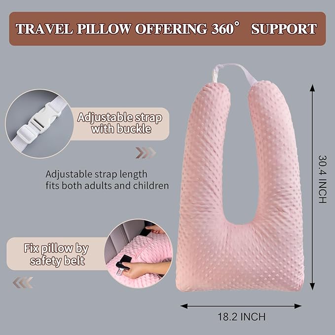 Travel Pillow for Kids Adult, Pillow for Car Sleeping Ultra Large U-Shaped with Removable Soft Cover Support Fix Neck and Body Sitting/Sleeping on The Trip (Pink)