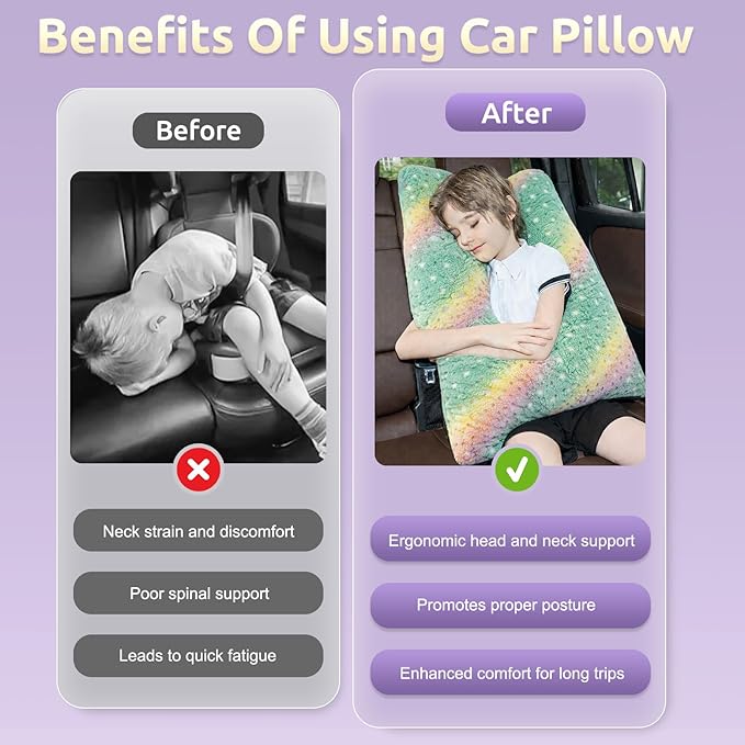 Car Pillow for Kids, Travel Pillow with Adjustable Strap, U-Shaped Pillow for Adults and Children to Support Head and Body Road Trip Essentials (Green)