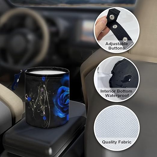 Blue Rose Flower Cute Car Trash Bag, Hanging Car Organizer and Storage Bag, Trash Bin for Car Accessories, Vehicle, Travelling, Camping