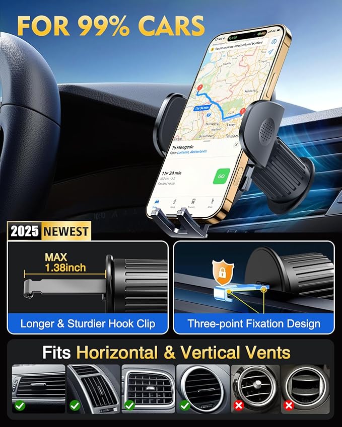 Military-Grade Construction Car Phone Holder Vent 2025 Cell Phone Mount Smartphone Upgraded Steel-Hook Clip Stand Universal Automobile Truck Cradle for iPhone 17 Pro Max 16 15 Samsung