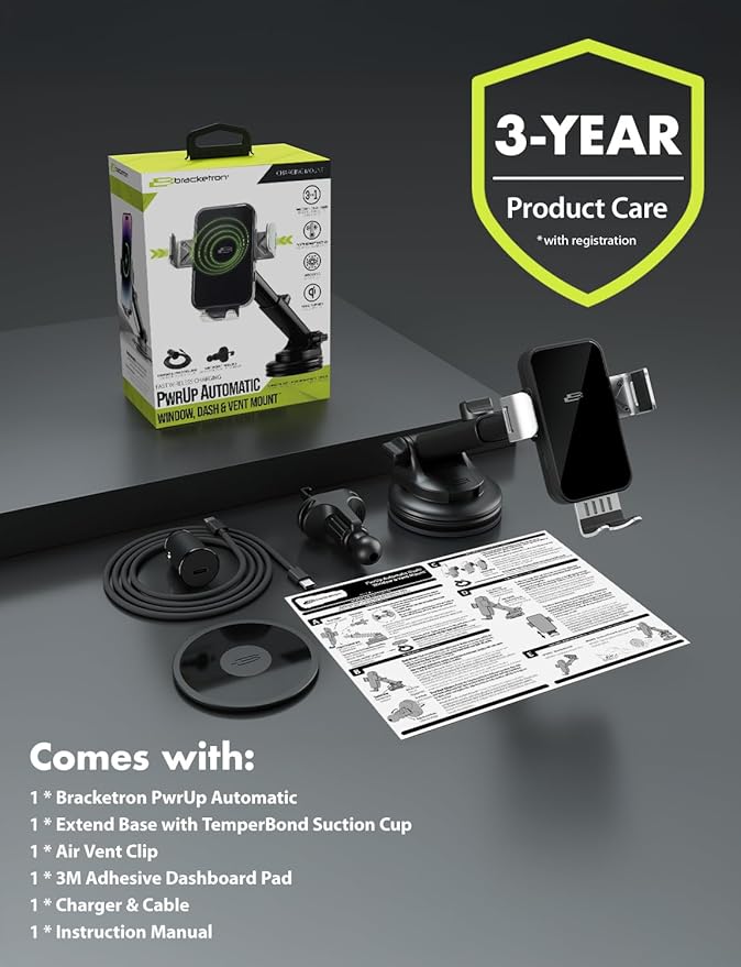 Bracketron PwrUp Auto 15W Qi Fast Wireless Charging Car Mount Dashboard Windshield Air Vent Cell Phone Charger Cellphone Holder