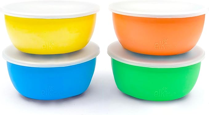 Elk and Friends Stainless Steel Bowls + Silicone Sleeve and Storage Lid | Baby, Toddler, Kids | Cereal & Snack Bowls | Storage Containers | Dishwasher Safe | 4 Pack