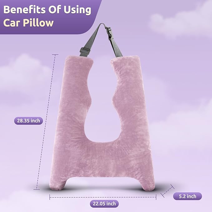 Car Pillow for Kids, Travel Pillow with Adjustable Strap, U-Shaped Pillow for Adults and Children to Support Head and Body Road Trip Essentials (Purple)