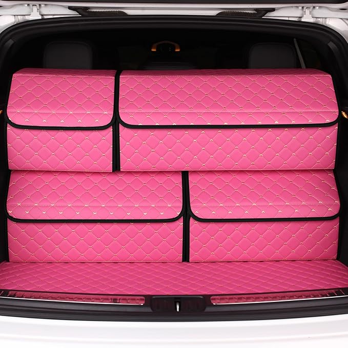 car organizers and storage for SUV,trunk organizer for sedan, leather foldable sleek box with lid,collapsible cargo bins, tool accessories containers,Pink women (12.99 inch)