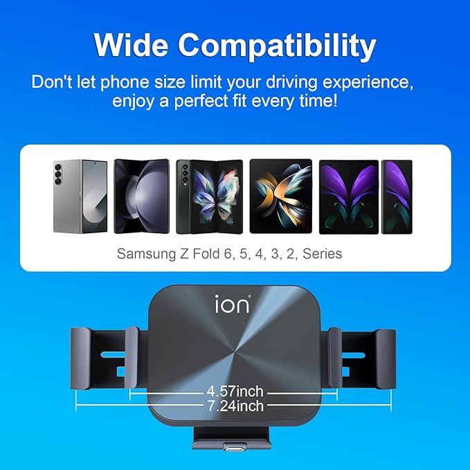 ION 2-in-1 Phone Holders for Your Car, 15W Wireless Charger Car Mount for Samsung Galaxy Z Fold 6 5 4 3 2, Cell Phone Holder for Air Vent Dashboard, Dual Coil Qi Fast Charge, Auto Clamping