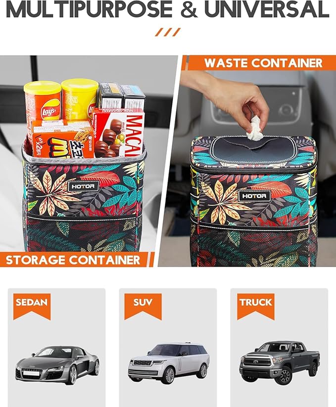 HOTOR Car Trash Can with Lid and Storage Pockets - 100% Leak-Proof Organizer, Waterproof Garbage Can, Multipurpose Trash Bin for Car, 2 Gallons, Autumn Leaves
