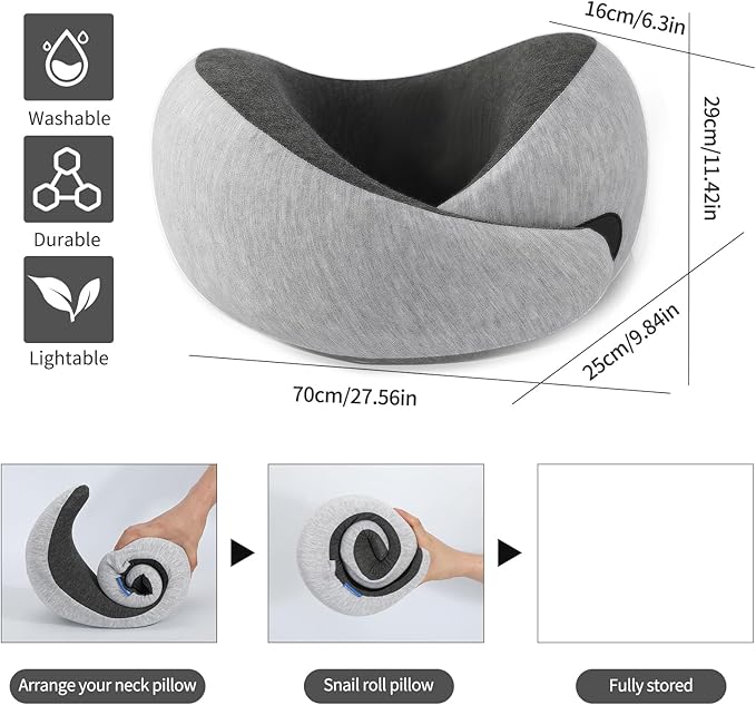 Travel Neck Pillow for Airplane – Memory Foam 360° Support Compact Design Ergonomic Flight Pillow for Sleeping & Neck Support Portable Travel Pillows for Adults, Car, Office Home (Grey)