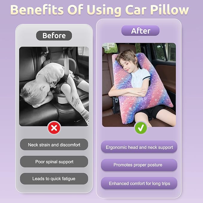 Car Pillow for Kids, Travel Pillow with Adjustable Strap, U-Shaped Pillow for Adults and Children to Support Head and Body Road Trip Essentials (Multicolor)