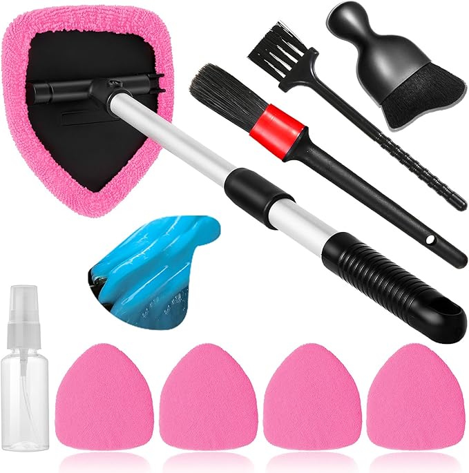 10pcs Windshield Cleaner Tool, Car Window Cleaning Wash Kit with 4 Reusable Microfiber Pads 1 Spray Bottle and Extendable Handle Auto Glass Wiper Kit, Pink
