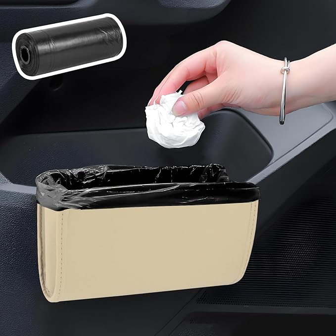 Hovom Car Trash Can, Leather Waterproof Automotive Garbage Can with Trash Bag, Hanging Mini Vehicle Trash Bin, Small Auto Door Organizer Storage Pouch, Universal Car Accessories (Beige)