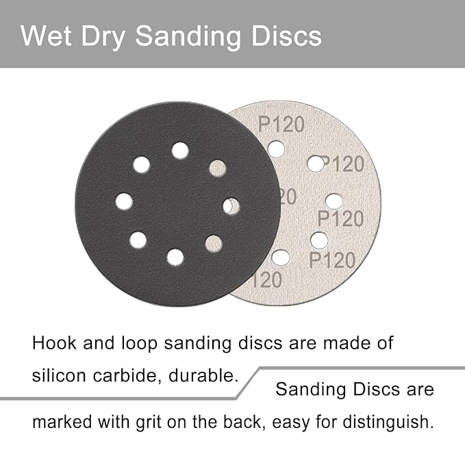 100 Pcs 5 Inch Sanding Discs Hook & Loop 8 Holes Wet Dry 120 Grit Sandpaper Silicon Carbide Sand Paper for Orbital Sander Automotive Wood Plastic Metal Polishing (100Pcs 120 Grit)
