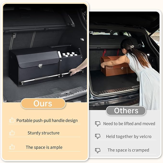 Car Trunk Organizer, Leather Trunk Organizer for SUV with Lid and Sturdy Handle Collapsible Adjustable Storage (Black, 33 x 11.4 x 12.2in)